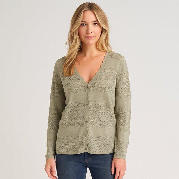 Frye Scalloped Knit Cardigan Sweater - Light Olive Green, Size M - Picture 1 of 11